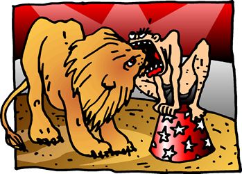 Un Lion met sa tête dans la gueule d'un Humain dans un cirque